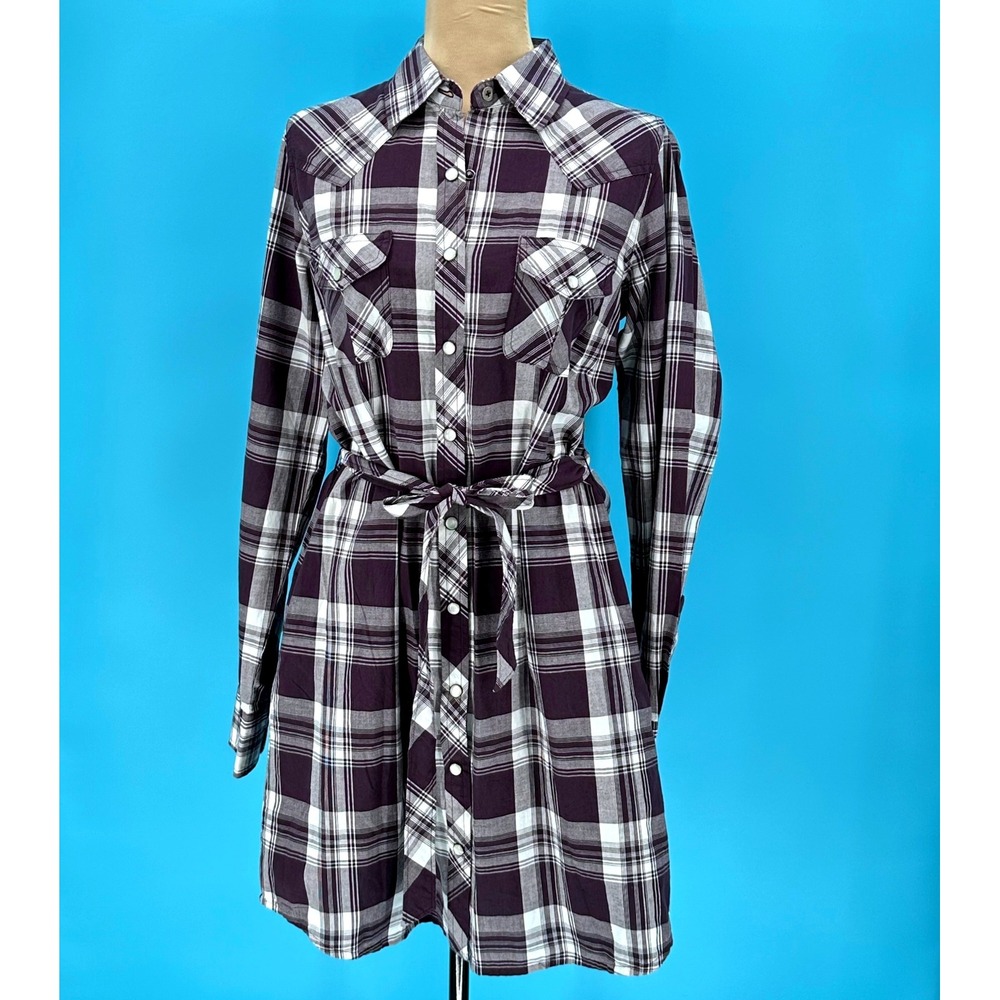 Cruel Girl Womens Purple Plaid Western Shirt‎ Dress Snap Front Tie Waist L NWT